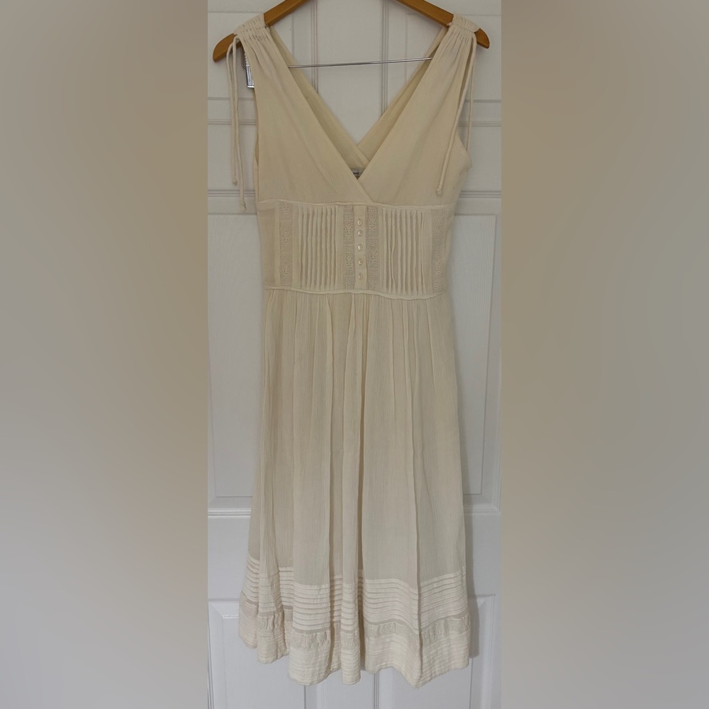 Zara Cream Sleeveless V-Neck Midi Dress with Pintuck Detail